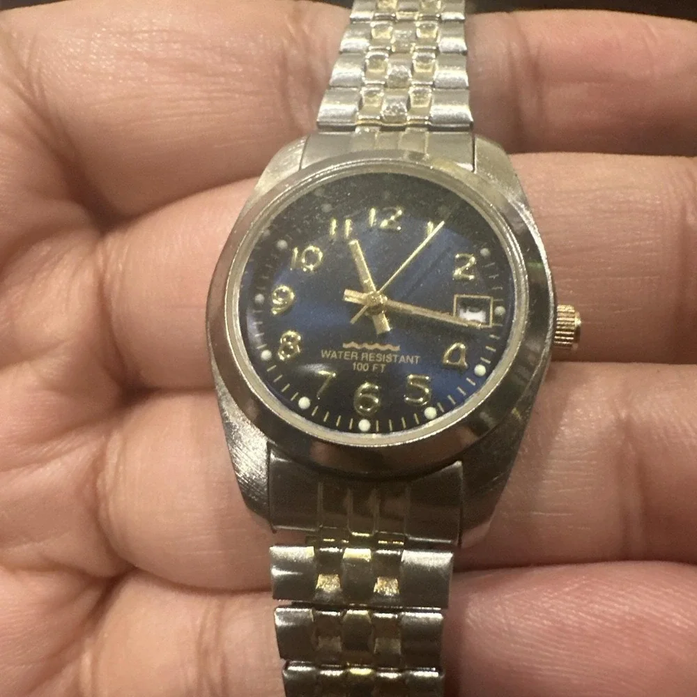 Working Vintage Watch Blue Dial 25mm w/ Two Toned Stainless Steel Stretch Band